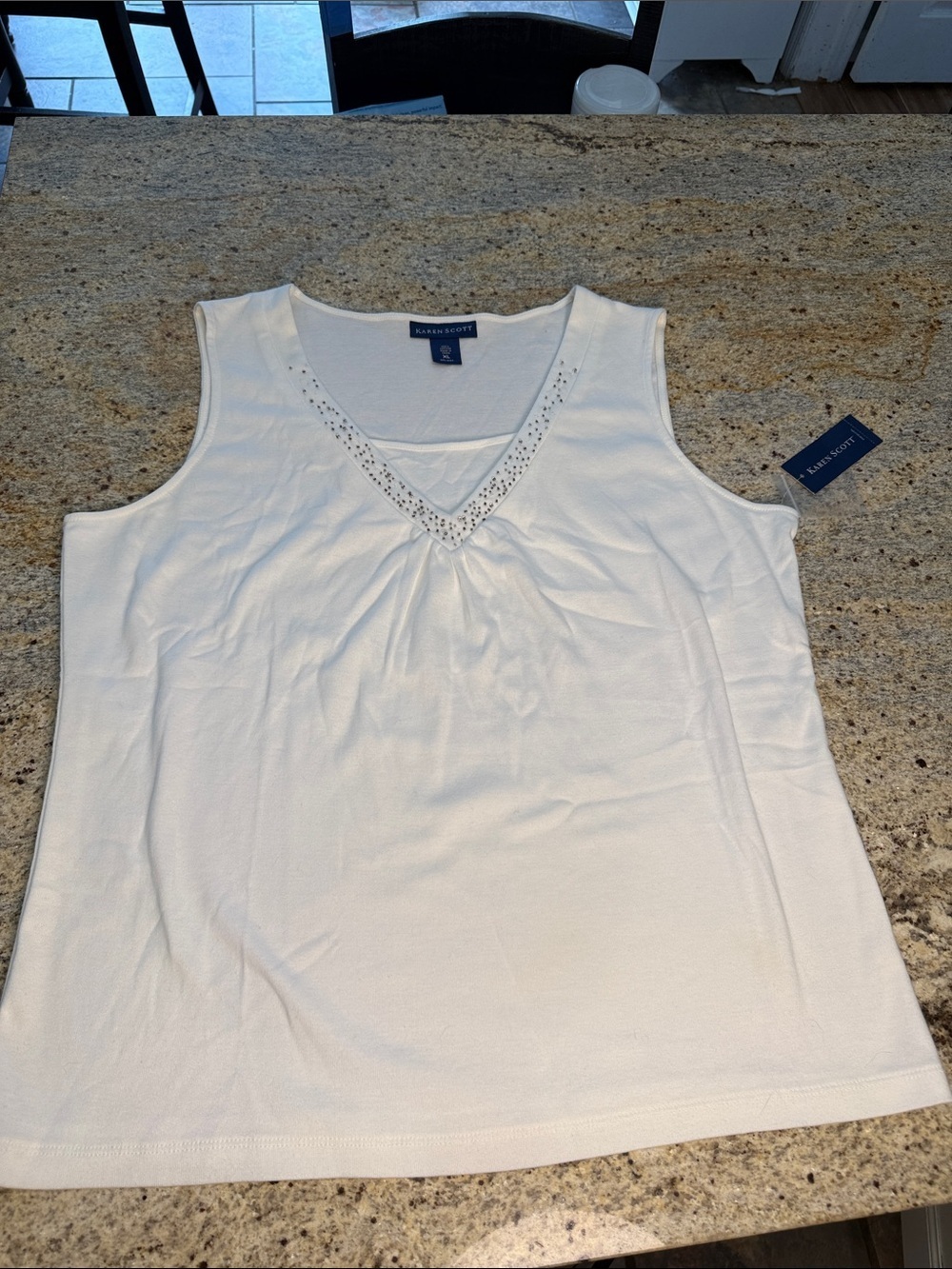 Karen Scott White V-Neck Sleeveless Tank with Rhinestone Detail